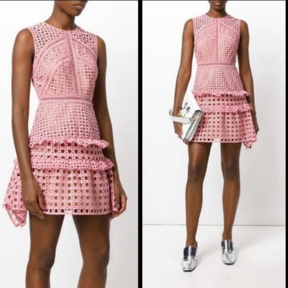 NWT Self-Portrait Crosshatch Frill Mini Dress Pink Guipure Lace Barbie Sz 8 - Picture 4 of 16